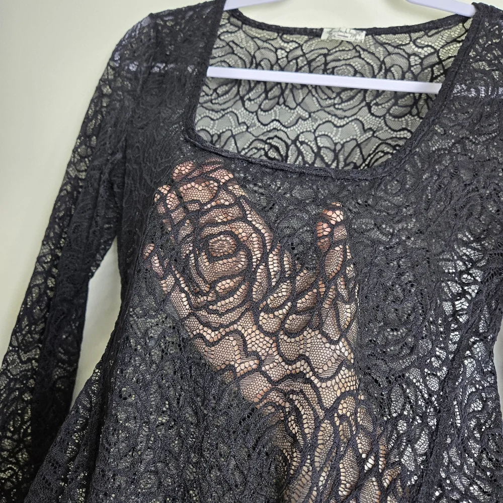 Free People Intimately Floral Lace Square Neck Chic‎ Black Sheer Bodysuit S